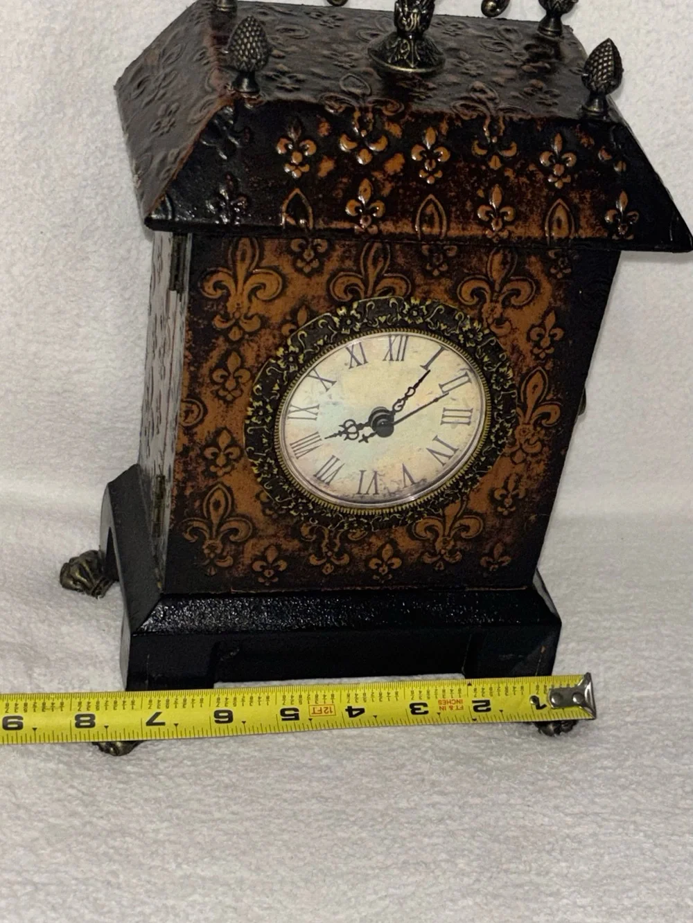 Vintage-Style Black and Bronze Fleur-de-Lis Mantel Clock